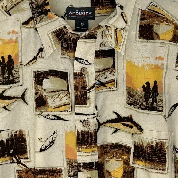 Vintage Woolrich Mens Fishing Fish Hook Print Button Down SS Shirt Beige Size XL - Picture 3 of 11